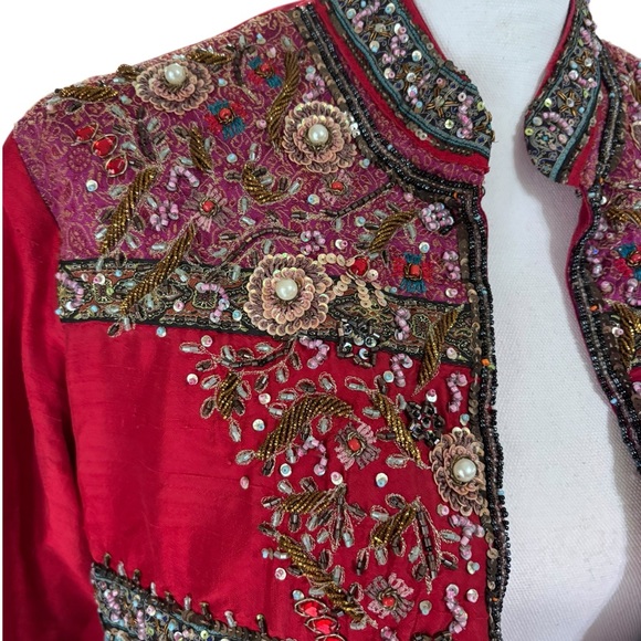 Chico’s Silk Beaded Jacket Size 1 (M 8/10) – Embellished Boho Statement - Picture 3 of 12